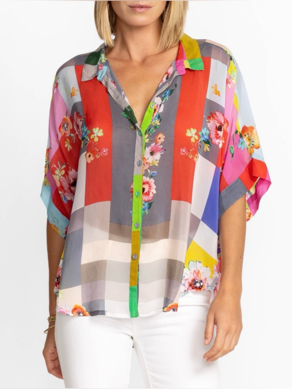 Johnny Was Multicolor Blouse BLOCK LYNN Turquoise Pink Yellow Red floral $198